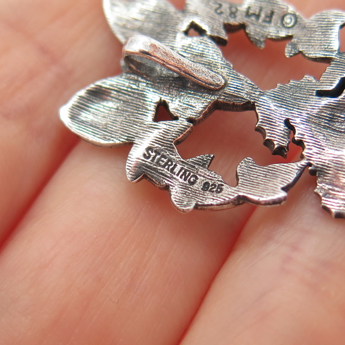 FRANKLIN MINT 925 Sterling Silver Vintage 1982 Real Ruby Holly Bow Slide Pendant