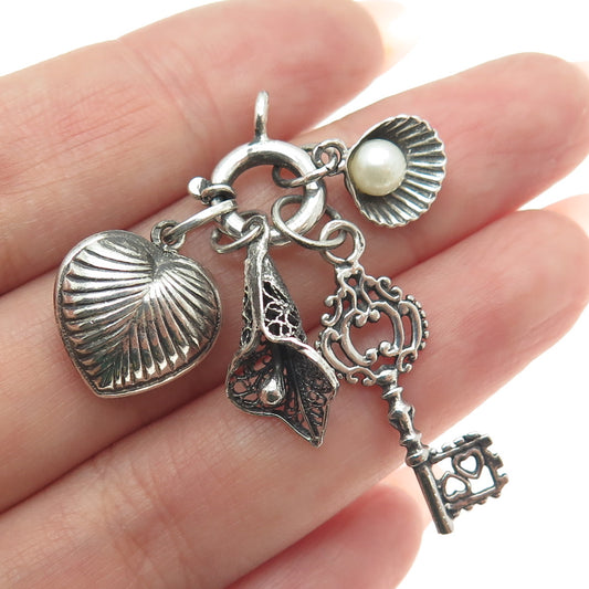 925 Sterling Silver Antique Real Pearl Heart Key Seashell & Calla Flower Pendant