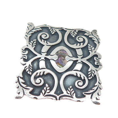 925 Sterling Silver Vintage Real Abalone Shell Floral Leaf Oxidized Pin Brooch