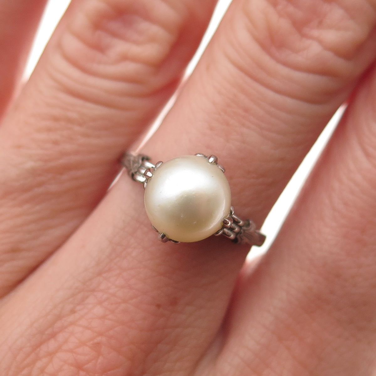 925 Sterling Silver Antique Art Deco Real Pearl Oxidized Ring Size 6.75
