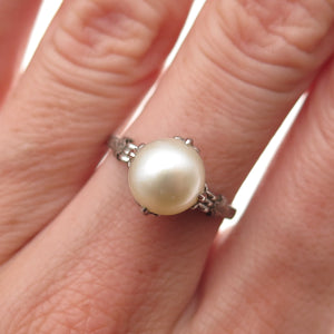 925 Sterling Silver Antique Art Deco Real Pearl Oxidized Ring Size 6.75