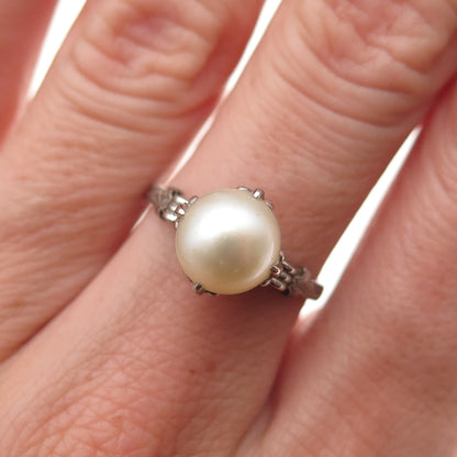 925 Sterling Silver Antique Art Deco Real Pearl Oxidized Ring Size 6.75