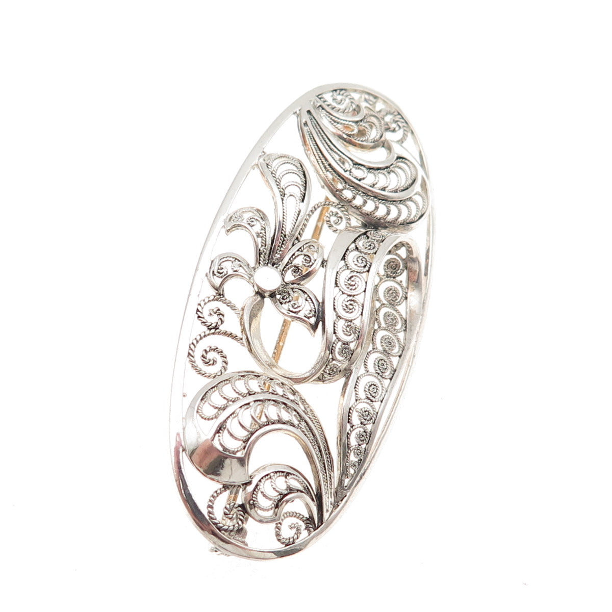 925 Sterling Silver Vintage Germany Floral Filigree Pin Brooch
