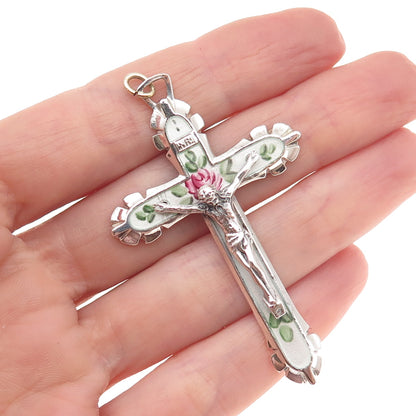 925 Sterling Silver Antique Art Deco Enamel Crucifix Cross Charm Pendant