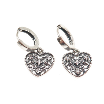 925 Sterling Silver Round-Cut C Z Ornate Heart Charm Hoop Earrings