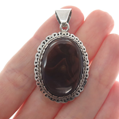 950 Silver Vintage Real Oval-Cut Agate Roped Pendant