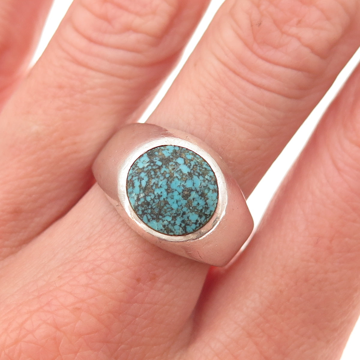 925 Sterling Silver Vintage Real Peacock Turquoise Signet Ring Size 8.25