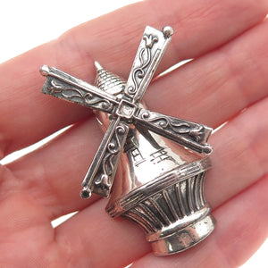 Lang 925 Sterling Silver Antique Art Deco Windmill Oxidized Pin Brooch