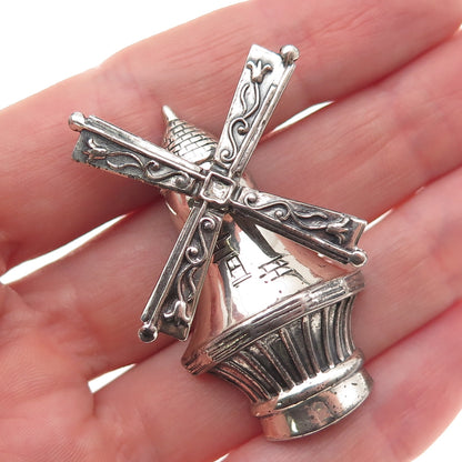 Lang 925 Sterling Silver Antique Art Deco Windmill Oxidized Pin Brooch