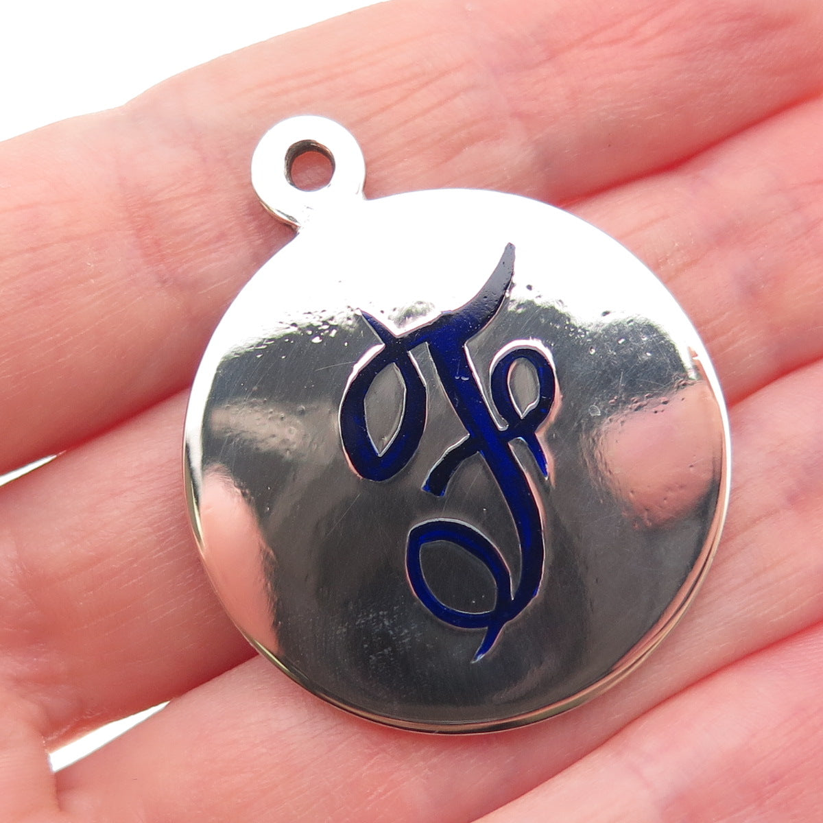 800 Silver Vintage Italy Enamel Letter F Initial Round Tag Charm Pendant