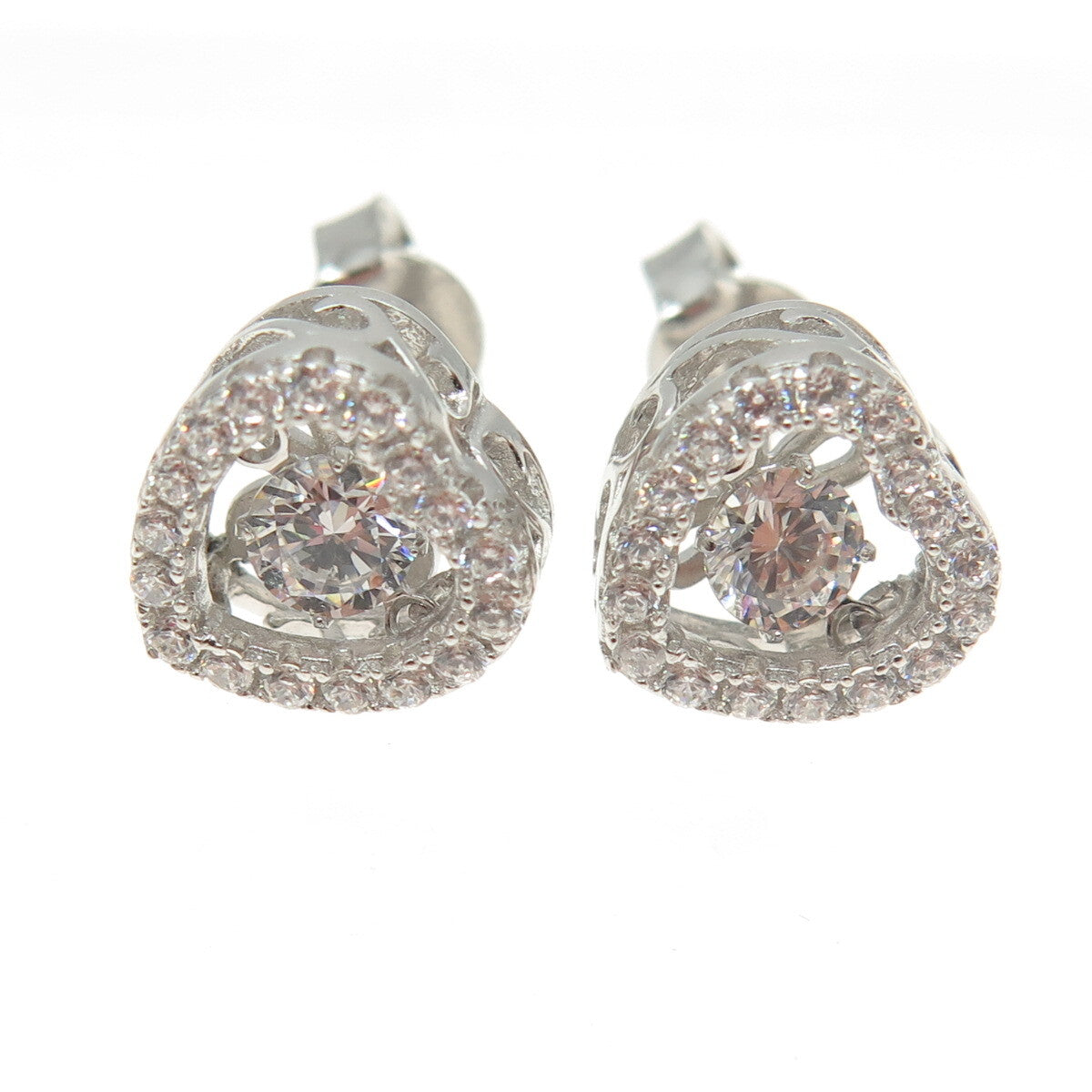925 Sterling Silver Round-Cut Shaped C Z Heart Stud Earrings