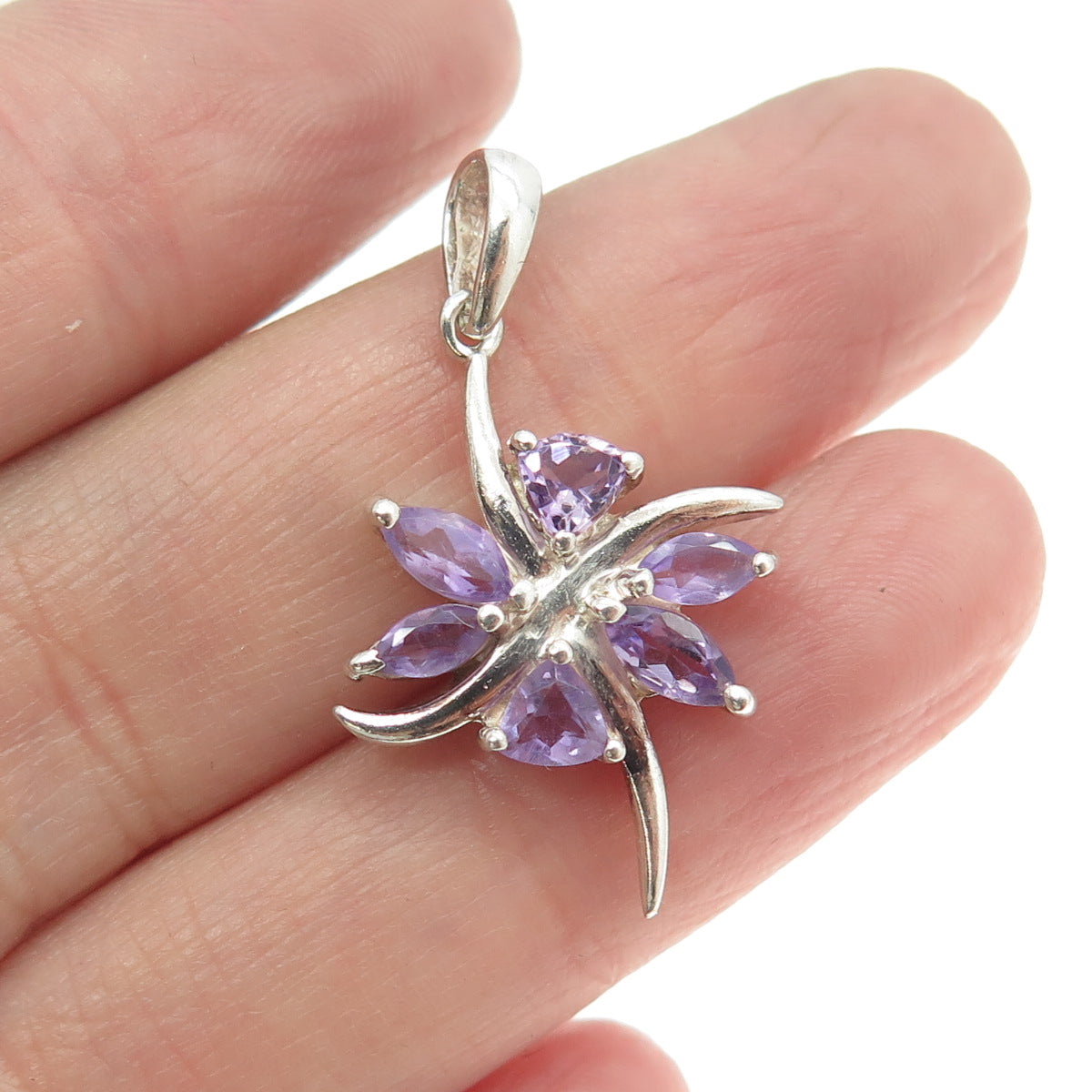 925 Sterling Silver Real Marquise & Triangle-Cut Amethyst Floral Pendant