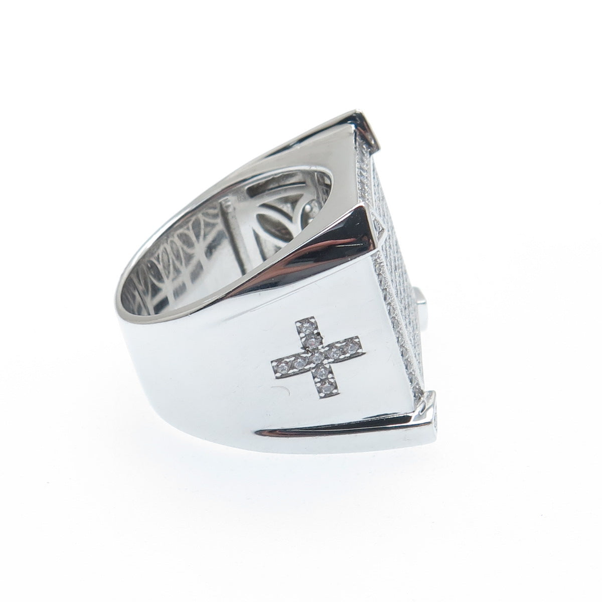 925 Sterling Silver Round-Cut Shaped C Z Cross Accent Square Wide Ring Size 10.5
