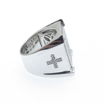 925 Sterling Silver Round-Cut Shaped C Z Cross Accent Square Wide Ring Size 10.5