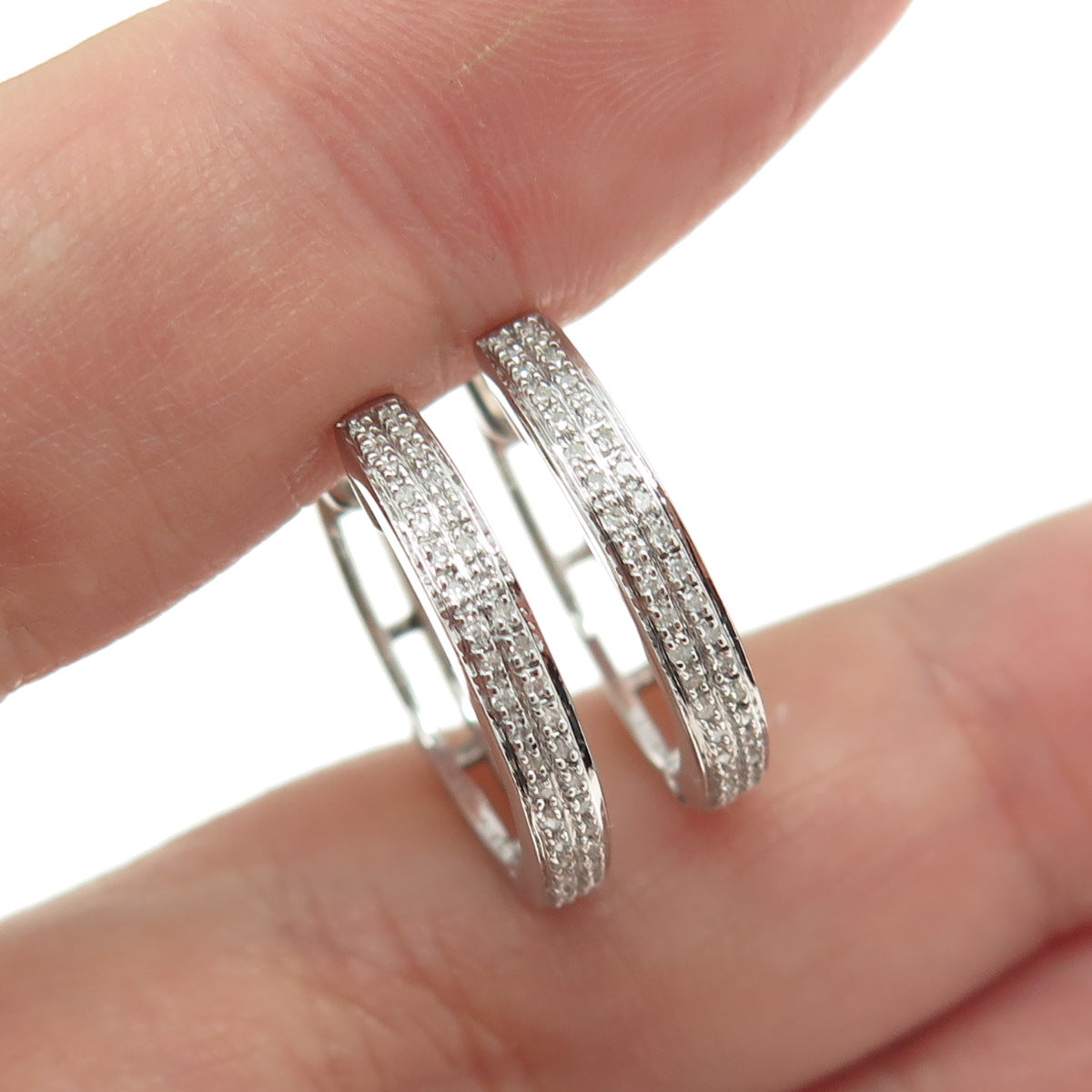 925 Sterling Silver Real Round-Cut Diamond Hoop Earrings