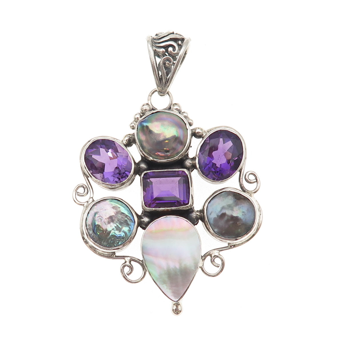 925 Sterling Silver Vintage Real Amethyst Pearl & MOP Modernist Cluster Pendant