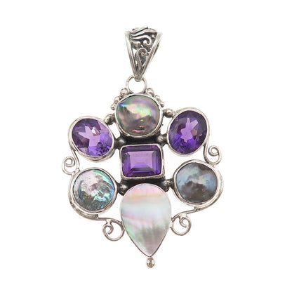 925 Sterling Silver Vintage Real Amethyst Pearl & MOP Modernist Cluster Pendant