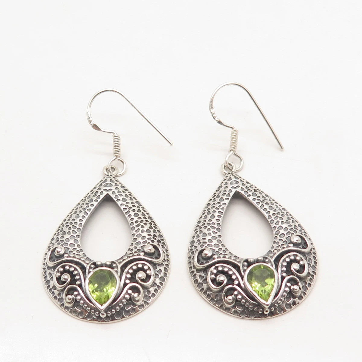 925 Sterling Silver Vintage Real Peridot Gemstone Dangling Hook Earrings