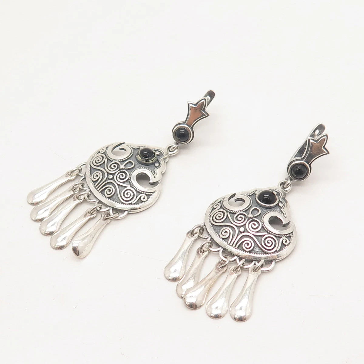 925 Sterling Silver Vintage Real Black Onyx Gem Ethnic Dangling Earrings
