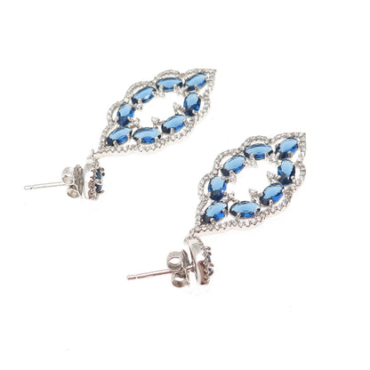 925 Sterling Silver Blue & White C Z Bohemian Dangle Earrings