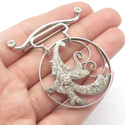 925 Sterling Silver Antique Rhinestone Ornate Round Pin Brooch