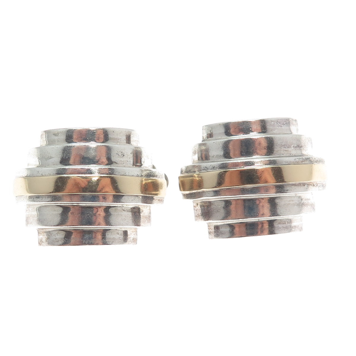 14K Gold & 925 Sterling Silver Vintage Modernist Oxidized Clip On Earrings