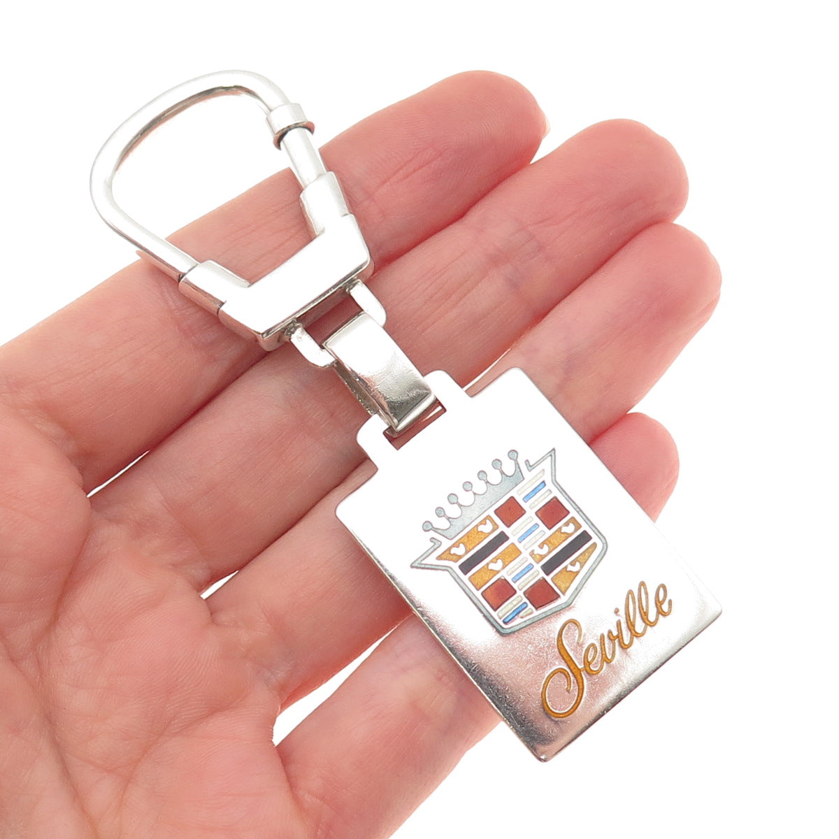 925 Sterling Silver Vintage Italy Enamel Seville Cadillac Logo Key Fob Chain
