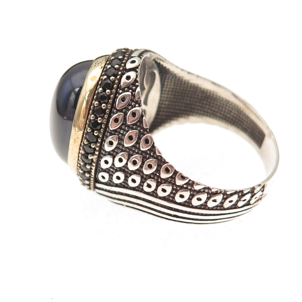 925 Sterling Silver 2-Tone Vintage Real Black Spinel & Blue Glass Ring Size 10.5
