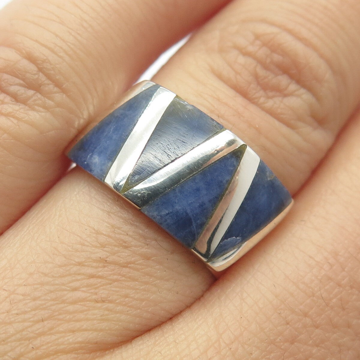 950 Silver Vintage Real Sodalite Gemstone Geometric Ring Size 6.75