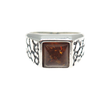 925 Sterling Silver Vintage Real Amber Desert Oxidized Ring Size 8.25