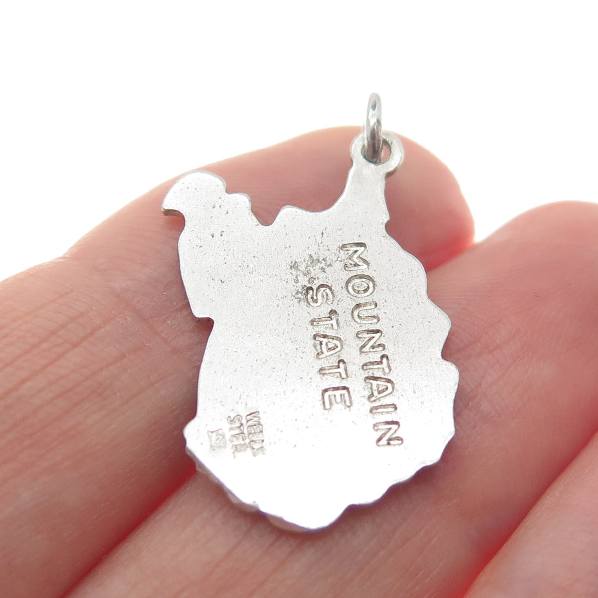 WELLS 925 Sterling Silver Vintage West Virginia Mountain State Map Charm Pendant