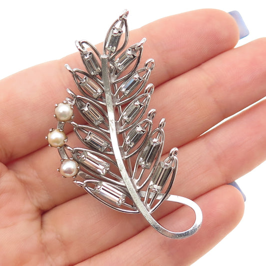 925 Sterling Antique Art Deco Rhinestone Real Pearl Floral Pin Brooch / Pendant