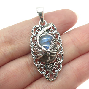925 Sterling Silver Vintage Real Labradorite Dragonfly Oxidized Pendant