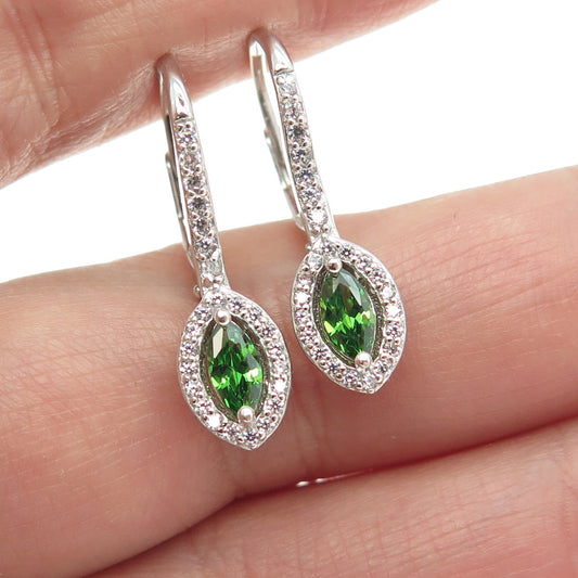 925 Sterling Silver Marquise-Cut Green & Round White C Z Eye Drop Earrings