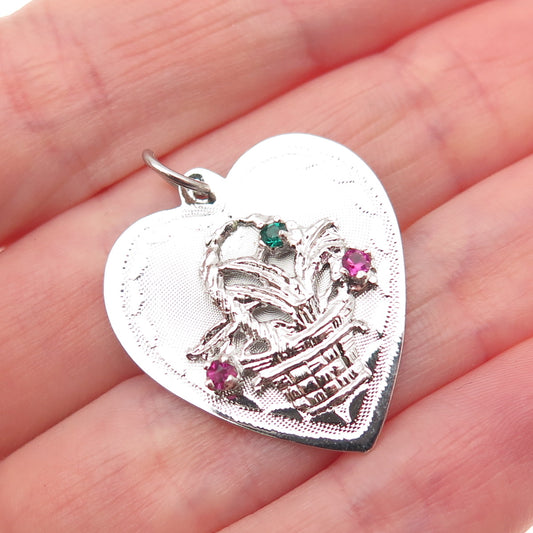 925 Sterling Silver Vintage Multi-Color Rhinestone Flower Bouquet Heart Pendant