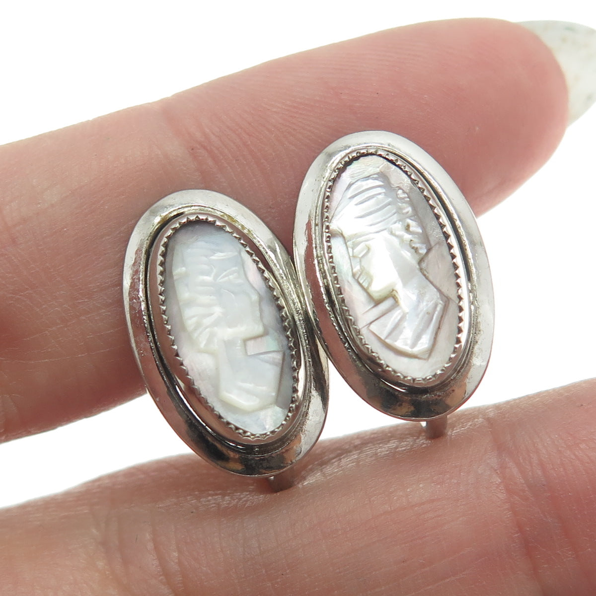 SARAH COVENTRY 925 Sterling Silver Antique Art Deco Abalone Shell Cameo Earrings