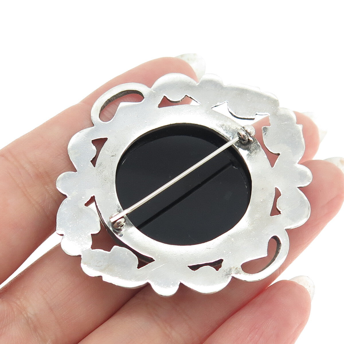 925 Sterling Silver Vintage Real Cabochon Black Onyx Ornate Pin Brooch