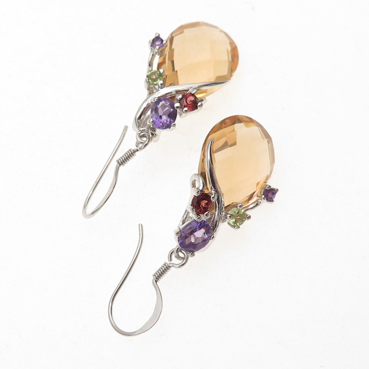 925 Sterling Silver Real Citrine Amethyst Peridot & Red Garnet Dangle Earrings