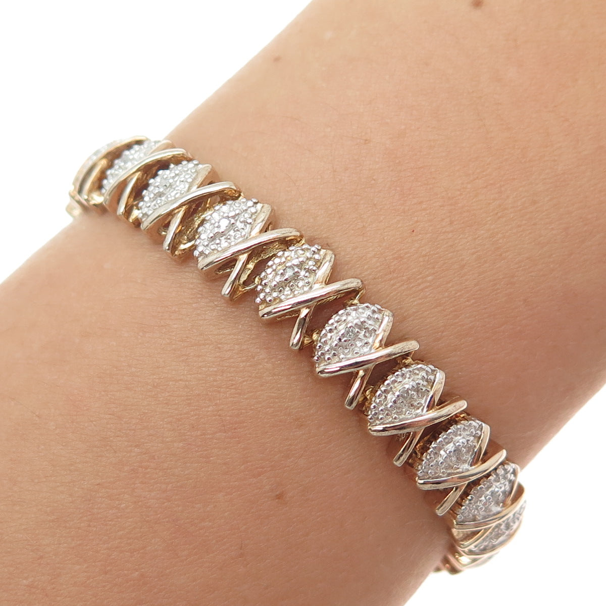 HN HENG NGAI 925 Sterling Silver Gold Plated Real Diamond XO Link Bracelet 7.5"