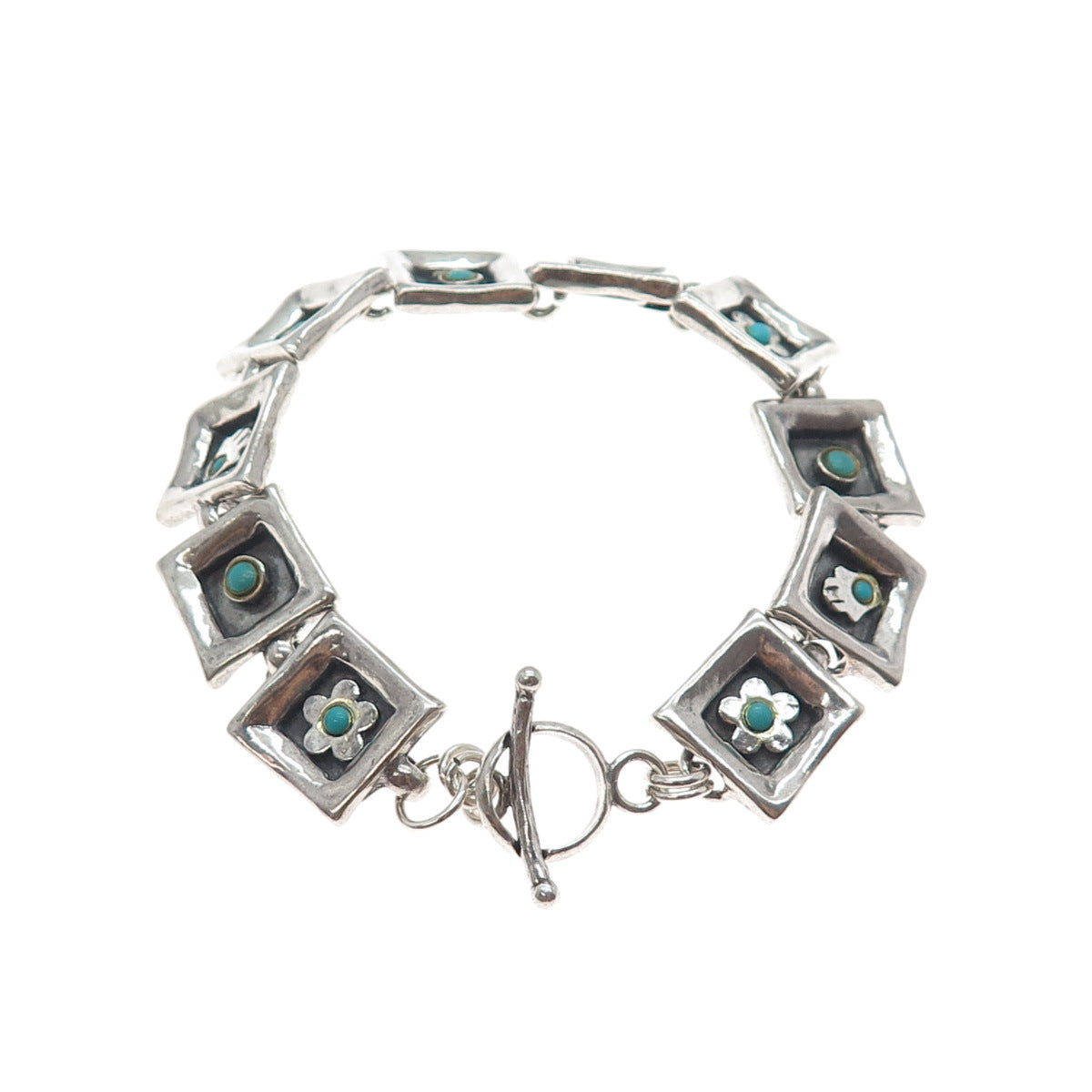 LIOR 925 Sterling Silver Vintage Real Turquoise Hamsa & Flower Bracelet 7.25"