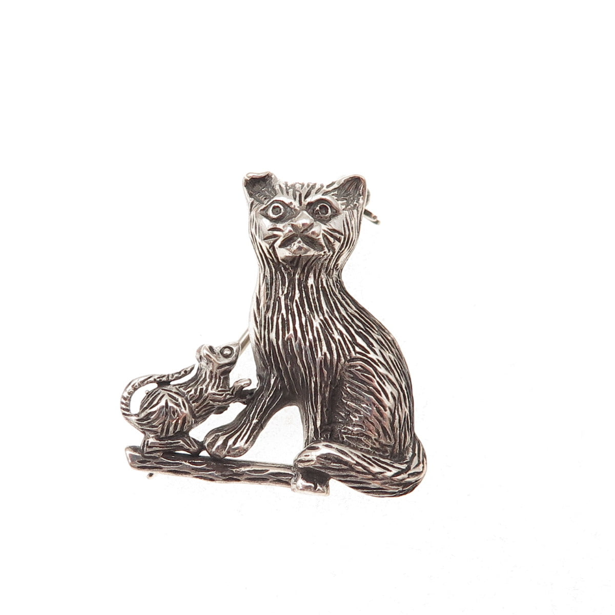 925 Sterling Silver Vintage Cat & Mouse Oxidized Pin Brooch