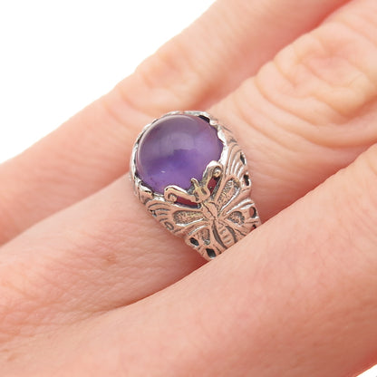 925 Sterling Silver Vintage Real Amethyst Butterfly Oxidized Ring Size 6.5