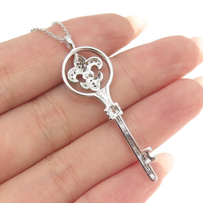 925 Sterling Silver C Z Fleur-de-Lis Key Pendant Rolo Chain Necklace 16-18"