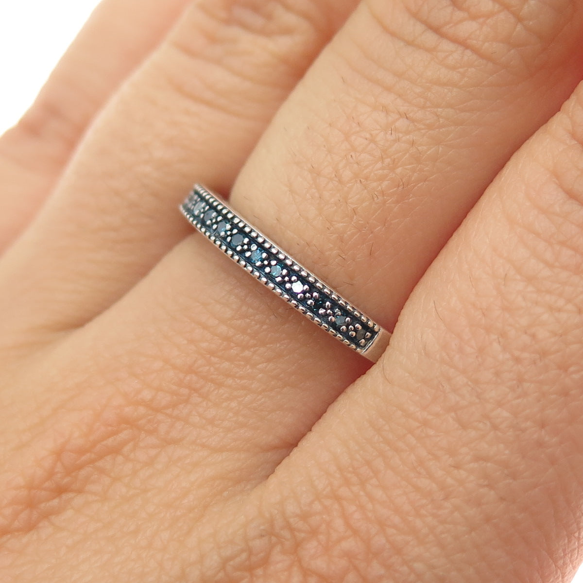 925 Sterling Silver Real Round-Cut Blue Diamond Half Eternity Ring Size 7.25