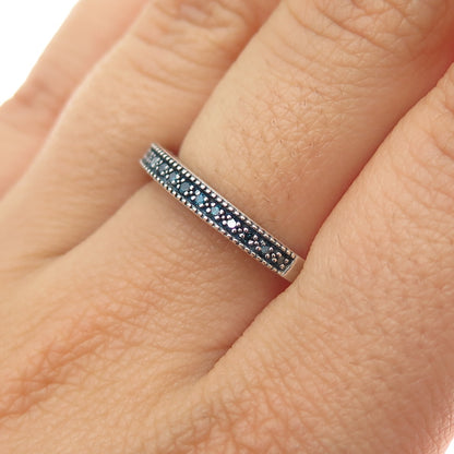 925 Sterling Silver Real Round-Cut Blue Diamond Half Eternity Ring Size 7.25
