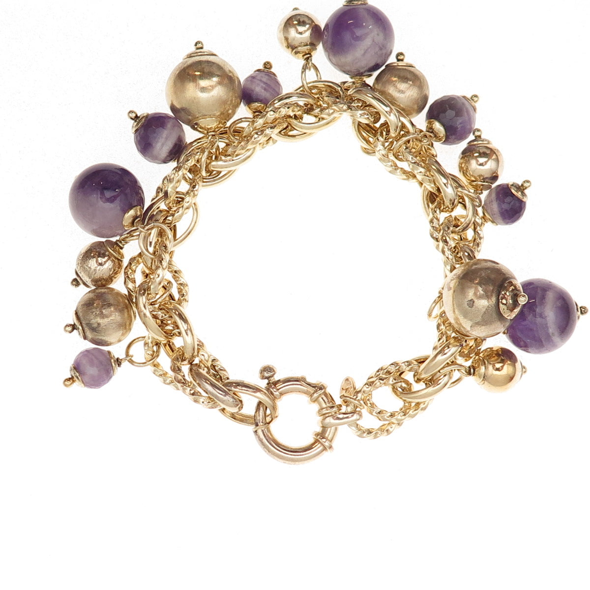 925 Sterling Silver Gold Plated Italy Real Amethyst Cha-Cha Bracelet 7"
