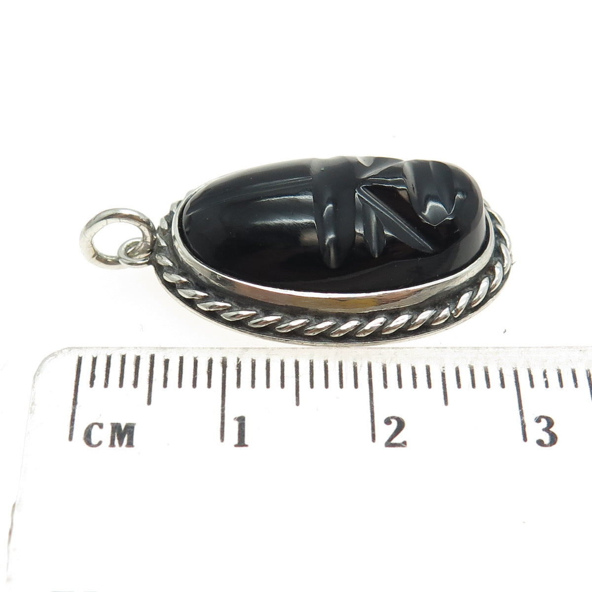 925 Sterling Silver Vintage Real Carved Black Onyx Gemstone Tribal Face Pendant