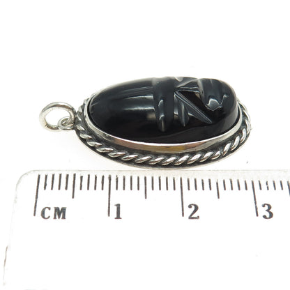 925 Sterling Silver Vintage Real Carved Black Onyx Gemstone Tribal Face Pendant