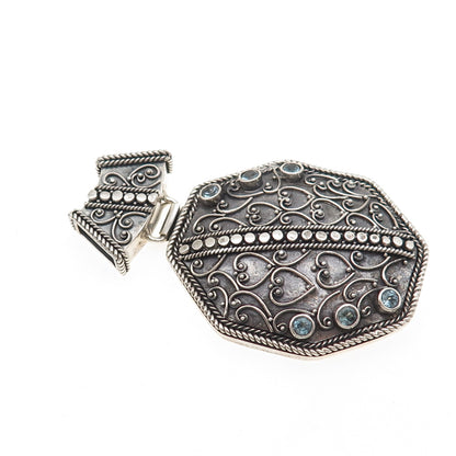 925 Sterling Silver Vintage Real Blue Topaz Heart Ornate Oxidized Slide Pendant