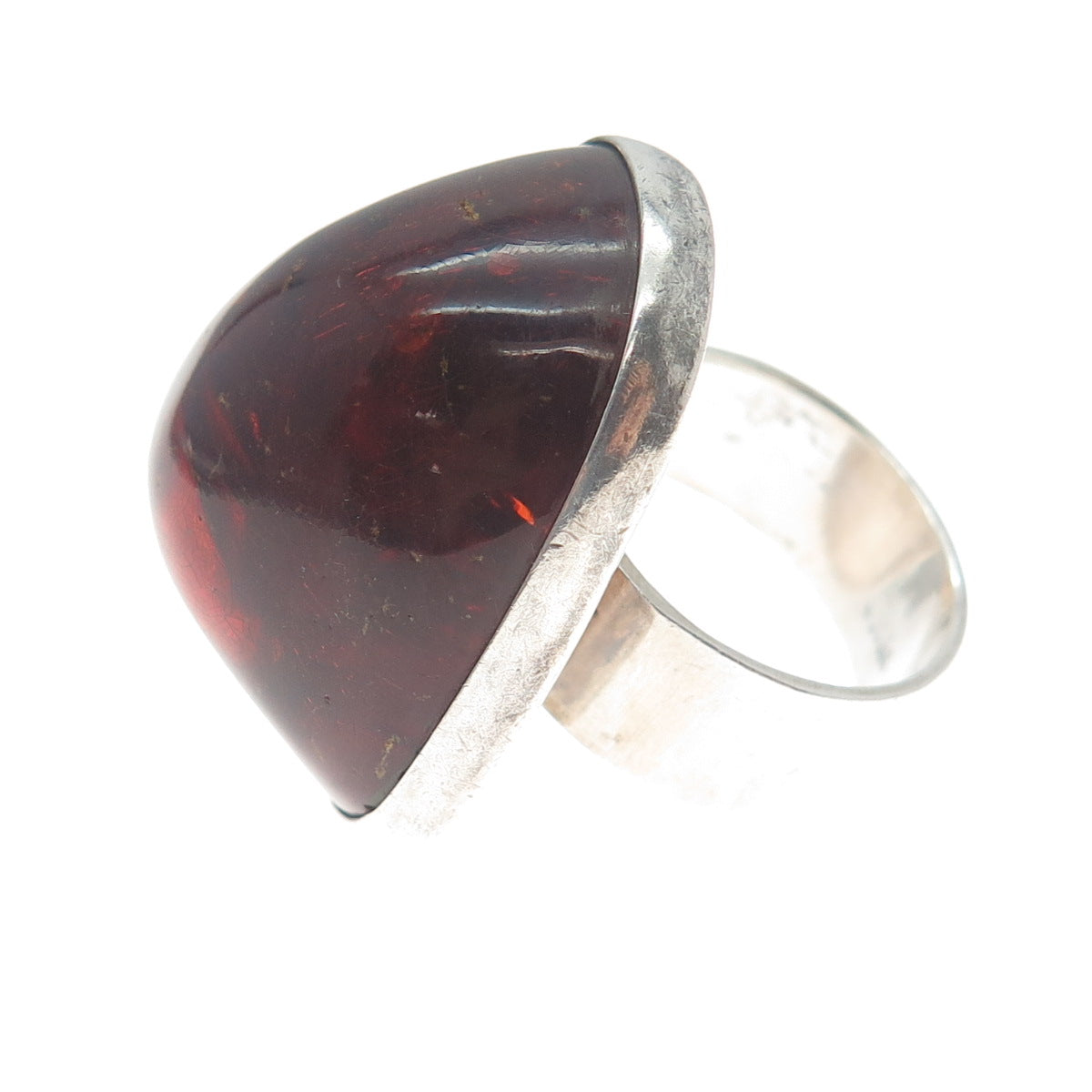 925 Sterling Silver Vintage LA Poland Real Amber Modernist Domed Ring Size 8